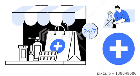 Healthcare accessibility, online shopping, e-commerce, medicine delivery, pharmacy services, remote care. Medical bag with a cross, pills and hygiene products. Healthcare accessibility and online 139649680
