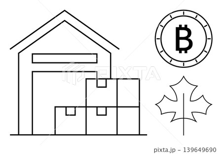 Logistics, cryptocurrency, shipping, technology, ecommerce, global trade. Warehouse with boxes, bitcoin symbol maple leaf. Logistics and cryptocurrency concept for modern business and trade Logistics, cryptocurrency, shipping, technology, ecommerce, global trade. Warehouse with boxes, bitcoin symbol maple leaf. Logistics and cryptocurrency concept for modern business and trade 139649690