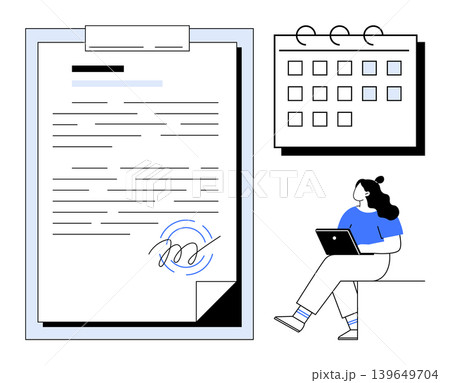 Remote work, digital signatures, document management, online productivity, scheduling, e-signatures. Large signed document, calendar and person with a laptop. Remote work and digital signatures Remote work, digital signatures, document management, online productivity, scheduling, e-signatures. Large signed document, calendar and person with a laptop. Remote work and digital signatures 139649704