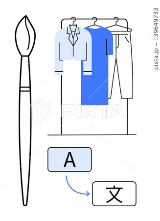 Language translation, creative tools, fashion design, modern communication, global trends, visual art. Clothes on hangers, brush and language symbols. Language translation and creative tools theme Language translation, creative tools, fashion design, modern communication, global trends, visual art. Clothes on hangers, brush and language symbols. Language translation and creative tools theme 139649738