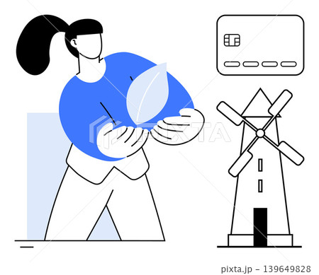 Renewable energy, eco-friendly living, clean finance, sustainability practices, green banking, environmental awareness. Person holding a leaf symbol, windmill credit card. Renewable energy 139649828
