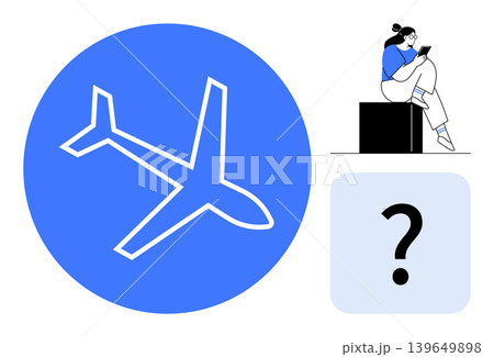 Travel, decision making, planning, journey, exploration, options. Blue circle with airplane icon, question mark beside a seated person with tablet. Travel and decision making visual concept 139649898