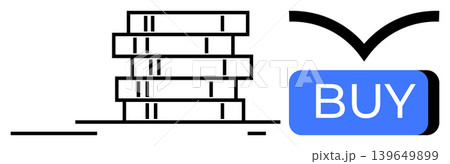 Online shopping, digital marketplaces, e-commerce, book sales, education, retail transactions. Stack of books beside a blue buy button. Online shopping and digital marketplaces concept Online shopping, digital marketplaces, e-commerce, book sales, education, retail transactions. Stack of books beside a blue buy button. Online shopping and digital marketplaces concept 139649899