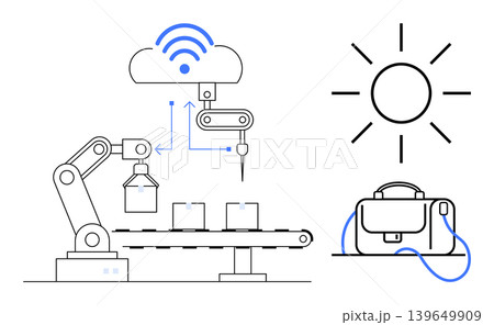 Smart factories, IoT, cloud integration, renewable energy, sustainable production, logistics. Robotic arm on assembly line, solar panel connected to device. Smart factories and IoT concept 139649909