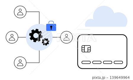 Digital payments, cybersecurity, cloud storage, online transactions, data protection, user authentication. Gear and lock with a credit card and cloud icon. Cybersecurity and digital payments concept 139649964