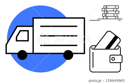 E-commerce, delivery services, online payments, logistics, retail shopping, transportation. A truck illustration, a wallet with a card and stacked boxes. E-commerce and delivery services concept E-commerce, delivery services, online payments, logistics, retail shopping, transportation. A truck illustration, a wallet with a card and stacked boxes. E-commerce and delivery services concept 139649965