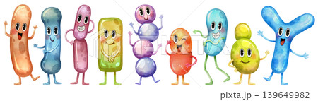 Hand-drawn watercolor set of cute probiotic and prebiotic bacteria characters. Colorful microorganism illustrations for health, gut flora, and digestive system concepts. Transparency background. 139649982