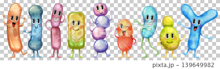 Hand-drawn watercolor set of cute probiotic and prebiotic bacteria characters. Colorful microorganism illustrations for health, gut flora, and digestive system concepts. Transparency background. 139649982