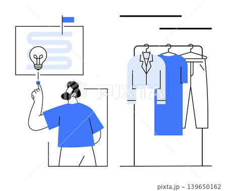 Creative thinking, design planning, decision-making, fashion selection, brainstorming, product development. A man pointing to a light bulb with hanging clothes in the background. Creative thinking Creative thinking, design planning, decision-making, fashion selection, brainstorming, product development. A man pointing to a light bulb with hanging clothes in the background. Creative thinking 139650162