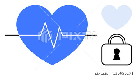 Healthcare security, patient privacy, data encryption, medical technology, digital health, cybersecurity. Blue heart with ECG line, lock icon light heart shape. Healthcare security and patient 139650171
