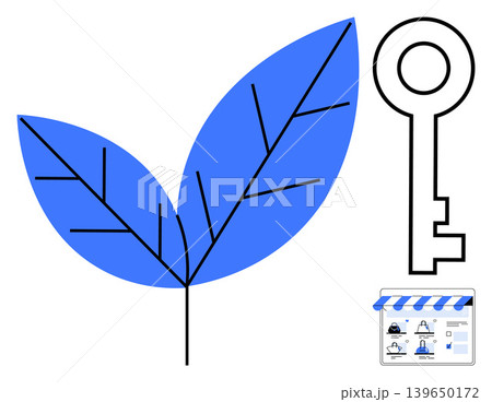 Sustainability, technology, e-commerce, key solutions, eco-friendly practices, online business. Blue leaf beside a key and a storefront icon. Sustainability and technology concept 139650172