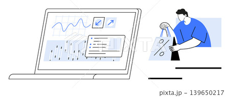 E-commerce, analytics, business growth, consumer trends, shopping behaviors, retail success. A laptop screen shows data and graphs next to a shopper with bags. E-commerce and analytics concept 139650217
