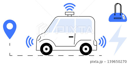 Smart cities, self-driving cars, green energy, internet of things, GPS, future mobility. Electric car with wireless signal symbols and location pin. Smart cities and self-driving cars concept Smart cities, self-driving cars, green energy, internet of things, GPS, future mobility. Electric car with wireless signal symbols and location pin. Smart cities and self-driving cars concept 139650270