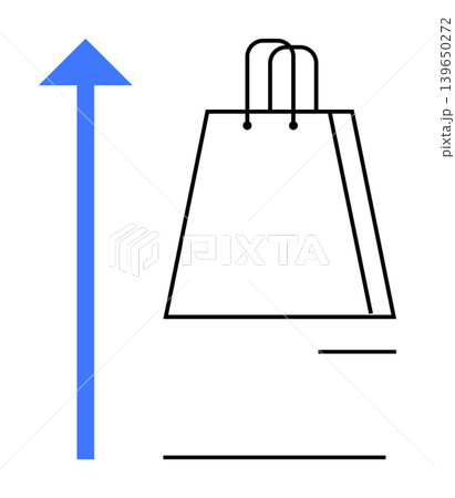 Ecommerce, online shopping, retail business, sales growth, marketing strategies, customer engagement. Minimalistic bag and vertical blue arrow. Ecommerce and online shopping conceptual design Ecommerce, online shopping, retail business, sales growth, marketing strategies, customer engagement. Minimalistic bag and vertical blue arrow. Ecommerce and online shopping conceptual design 139650272
