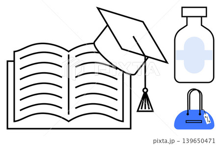 Learning, healthcare, graduation, knowledge, style, fashion. Open book with graduation cap, medical bottle and handbag. Education and healthcare as central conceptual Learning, healthcare, graduation, knowledge, style, fashion. Open book with graduation cap, medical bottle and handbag. Education and healthcare as central conceptual 139650471