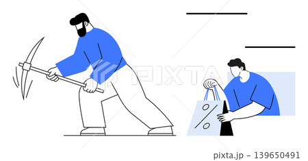 E-commerce, consumer behavior, retail discounts, working hard, economic value, productivity. A man mining and another holding a shopping bag with a percentage sign. E-commerce and consumer behavior E-commerce, consumer behavior, retail discounts, working hard, economic value, productivity. A man mining and another holding a shopping bag with a percentage sign. E-commerce and consumer behavior 139650491