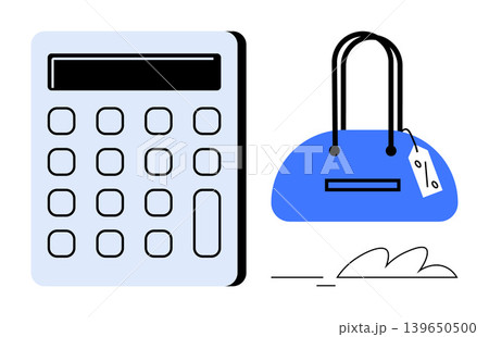 Shopping, budgeting, retail, finance, pricing, consumer economics. A calculator next to a blue handbag with a price tag. Budgeting and finance concepts illustrated with retail elements 139650500