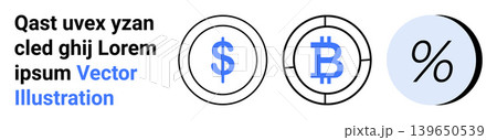 Cryptocurrency, fintech, economic analysis, financial services, budgeting, digital payment systems. Circular icons Bitcoin, dollar and percentage symbols. Cryptocurrency and fintech Cryptocurrency, fintech, economic analysis, financial services, budgeting, digital payment systems. Circular icons Bitcoin, dollar and percentage symbols. Cryptocurrency and fintech 139650539