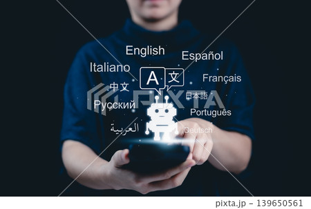 AI-Powered Language Translate App Concept. A woman holds smartphone displaying an AI powered language translation app. Screen features robot and multiple languages, global communication. multilingual, AI-Powered Language Translate App Concept. A woman holds smartphone displaying an AI powered language translation app. Screen features robot and multiple languages, global communication. multilingual, 139650561
