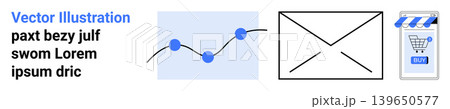 Digital marketing, analytics, communication, e-commerce, online services, information exchange. Graph chart, envelope shopping cart icon. Analytics and digital marketing concept Digital marketing, analytics, communication, e-commerce, online services, information exchange. Graph chart, envelope shopping cart icon. Analytics and digital marketing concept 139650577