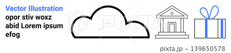 Cloud computing, financial services, data storage, gifting , digital systems, and architecture. Outline of a cloud, building and gift box. Cloud computing and financial services illustration Cloud computing, financial services, data storage, gifting , digital systems, and architecture. Outline of a cloud, building and gift box. Cloud computing and financial services illustration 139650578
