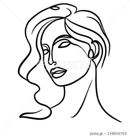 Elegant woman face line art, abstract female portrait, minimalist black and white drawing 139650703