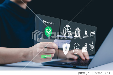 Secure Online Payment Transaction Process concept. A person confirming secure online payment using a credit card through a digital interface with a verification tick symbol. Internet banking, fintech, 139650724