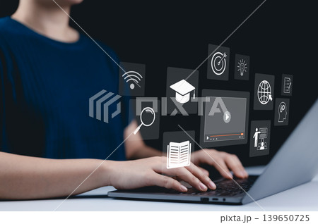Online education and e-learning concept. A person use a laptop with icons representing online education, learning, knowledge sharing, educational tools, training, webinar on internet, digital courses, Online education and e-learning concept. A person use a laptop with icons representing online education, learning, knowledge sharing, educational tools, training, webinar on internet, digital courses, 139650725