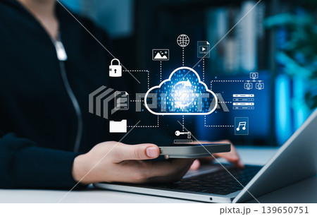 Cloud data sync and secure digital file storage concept. Person using phone and laptop with virtual cloud computing upload icon, documents, folders, media, password, server, network, backup workflow 139650751