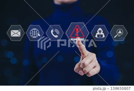 Cybersecurity scam alert warning concept. Cyber security scam alert, featuring icons for email, internet, calls, hacking, warnings, fraud detection, fraud prevention, Notifications and awareness, 139650807