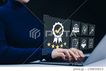 Standard Quality Control Certification Concept. quality control and assurance, featuring icons for certification, global standards, performance metrics, and compliance, ISO certification industrial, Standard Quality Control Certification Concept. quality control and assurance, featuring icons for certification, global standards, performance metrics, and compliance, ISO certification industrial, 139650813