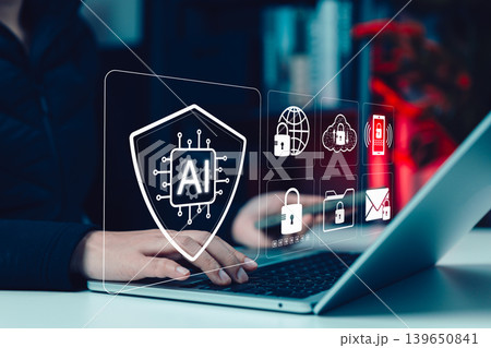 AI cybersecurity shield and secure data protection concept. Person using laptop with virtual lock icon for cloud, email, mobile access, global network, password privacy, threat defense, digital safety 139650841