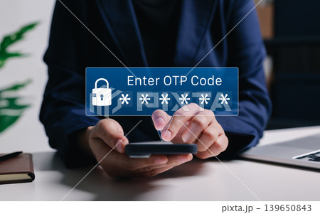 Two-factor authentication concept. Person using smartphone to enter an OTP code. lock icon and password field for secure banking and data protection. 2FA, MFA, digital privacy, mobile authentication, Two-factor authentication concept. Person using smartphone to enter an OTP code. lock icon and password field for secure banking and data protection. 2FA, MFA, digital privacy, mobile authentication, 139650843