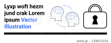 Data security, intellectual property, knowledge sharing, mental processing, information exchange, privacy. Two brains with arrows, lock icon. Data security and intellectual property 139651016