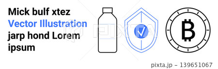 Cryptocurrency, financial security, eco-consciousness, blockchain, digital economy, digital identity. A bottle, shield with checkmark and Bitcoin symbol. Cryptocurrency and financial security 139651067