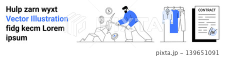 Entrepreneurship, financial growth, labor, professional agreements, workforce, business planning. Man breaking rocks with coins, clothes rack and a contract nearby. Entrepreneurship and financial Entrepreneurship, financial growth, labor, professional agreements, workforce, business planning. Man breaking rocks with coins, clothes rack and a contract nearby. Entrepreneurship and financial 139651091