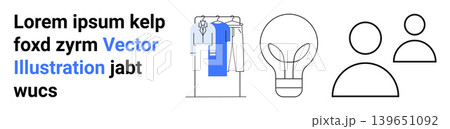 Fashion design, business ideas, teamwork, creativity, branding, digital collaboration. Clothing rack with shirts, light bulb icon and people symbols. Fashion design and business ideas concept 139651092