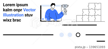 Leadership, teamwork, motivation, business growth, goal setting, innovation. A person holding a trophy, puzzle pieces collaboration. Leadership and teamwork concepts visually 139651093