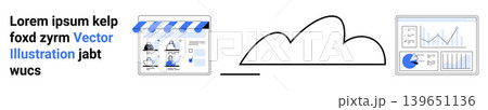 Digital marketing, data analysis, cloud storage, e-commerce, online business, technology. A storefront, cloud icon and analytics dashboard. Online business and data analysis concept Digital marketing, data analysis, cloud storage, e-commerce, online business, technology. A storefront, cloud icon and analytics dashboard. Online business and data analysis concept 139651136