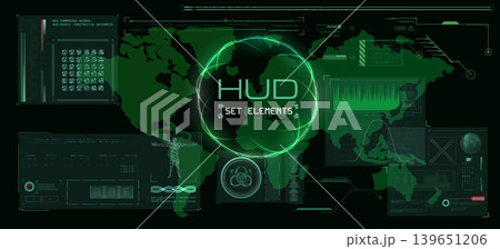 Futuristic HUD interface with glowing green data on digital world map Futuristic HUD interface with glowing green data on digital world map 139651206