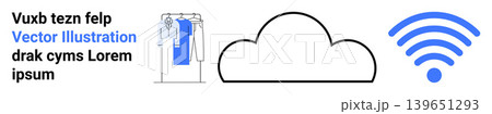 Cloud computing, wireless technology, internet communication, data storage, online access, web connectivity. Minimal icons of a cloud, wireless symbol and clothing rack. Cloud computing and wireless Cloud computing, wireless technology, internet communication, data storage, online access, web connectivity. Minimal icons of a cloud, wireless symbol and clothing rack. Cloud computing and wireless 139651293