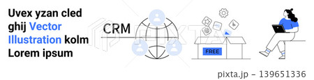 CRM platforms, online services, digital marketing, remote work, data storage, content sharing. Globe with icons, box labeled free person using laptop. CRM platforms and online services CRM platforms, online services, digital marketing, remote work, data storage, content sharing. Globe with icons, box labeled free person using laptop. CRM platforms and online services 139651336