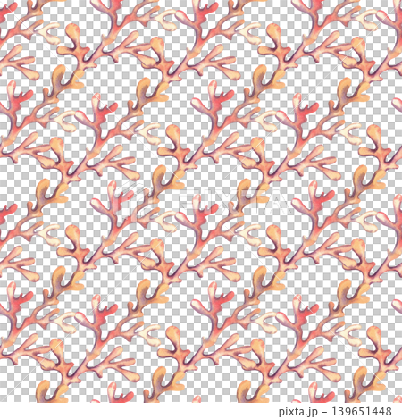 Seamless diagonal pattern with hand drawn sea corals. Watercolor illustration of underwater seaweed in pink and orange colors for design, print, fabric, and packaging. 139651448