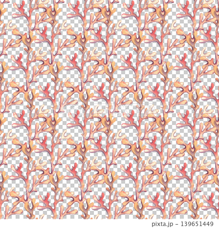 Hand drawn seamless pattern with sea corals. Watercolor illustration of underwater seaweed in pink and orange colors for design, print, fabric, and packaging. Hand drawn seamless pattern with sea corals. Watercolor illustration of underwater seaweed in pink and orange colors for design, print, fabric, and packaging. 139651449
