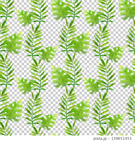 Green tropical palm leaves and monstera, bright summer watercolor seamless pattern hand drawn. Fresh, vibrant exotic plants for design, packaging, and fabric. Green tropical palm leaves and monstera, bright summer watercolor seamless pattern hand drawn. Fresh, vibrant exotic plants for design, packaging, and fabric. 139651453