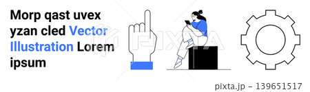 Technology, communication, reading, process, learning, instruction. A pointing hand, a sitting woman reading and a gear wheel icon. Technology and communication concepts are highlighted effectively Technology, communication, reading, process, learning, instruction. A pointing hand, a sitting woman reading and a gear wheel icon. Technology and communication concepts are highlighted effectively 139651517