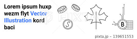 Cryptocurrency, blockchain technology, digital economy, fintech graphic elements, decentralized finance, money exchange. Digital coins, maple leaf blockchain chip. Blockchain and cryptocurrency 139651553