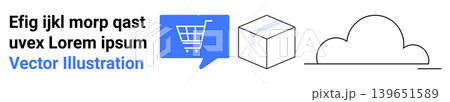 E-commerce, online retail, cloud storage, logistics, digital marketing, communication. Blue speech bubble with shopping cart, cardboard box simple cloud icon. E-commerce and online retail concept 139651589