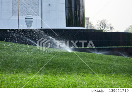 Automatic garden sprinkler watering green grass lawn. System spraying water on backyard landscaping. Ecological maintenance of public park and professional irrigation technology concept. Automatic garden sprinkler watering green grass lawn. System spraying water on backyard landscaping. Ecological maintenance of public park and professional irrigation technology concept. 139651719