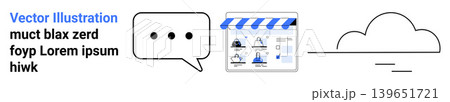 E-commerce, cloud storage, online communication, data sharing, website management, digital services. Speech bubble, storefront icon and cloud graphic. E-commerce and cloud storage concept E-commerce, cloud storage, online communication, data sharing, website management, digital services. Speech bubble, storefront icon and cloud graphic. E-commerce and cloud storage concept 139651721